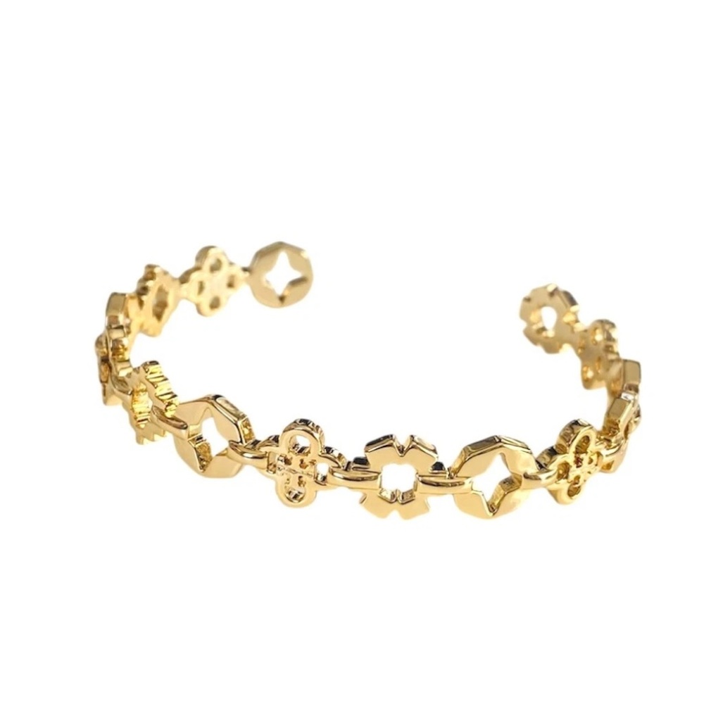 NEW Tory Burch Gold Kira Multi Motif Cuff Clover Bracelet